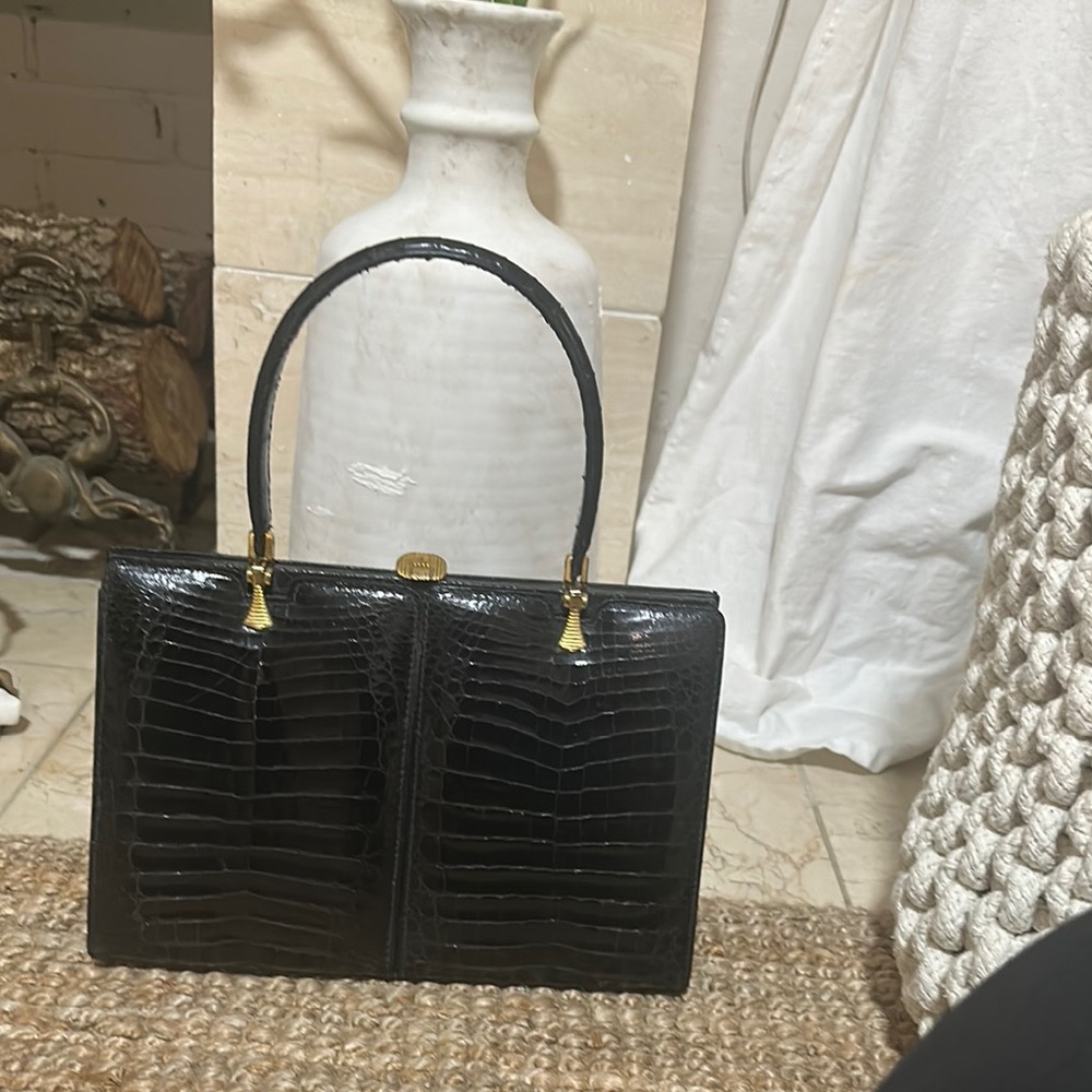 Classic Black Croc-Embossed Top-Handle Bag